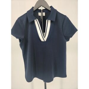 Cupio Blush‎ Navy Blue Striped V-Neck Polo Top Short Sleeve CBTP13312M Womens M